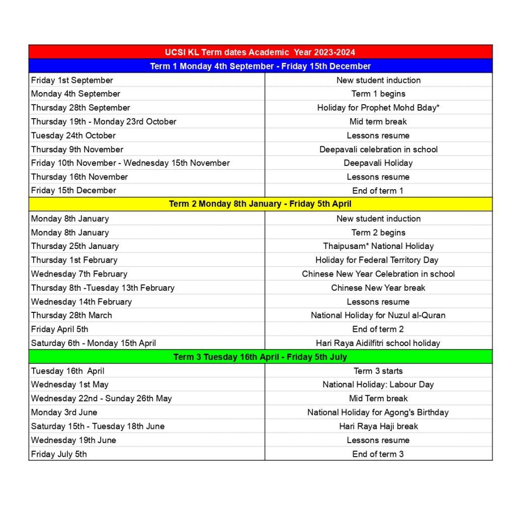 Academic Calendar UCSI International School Kuala Lumpur