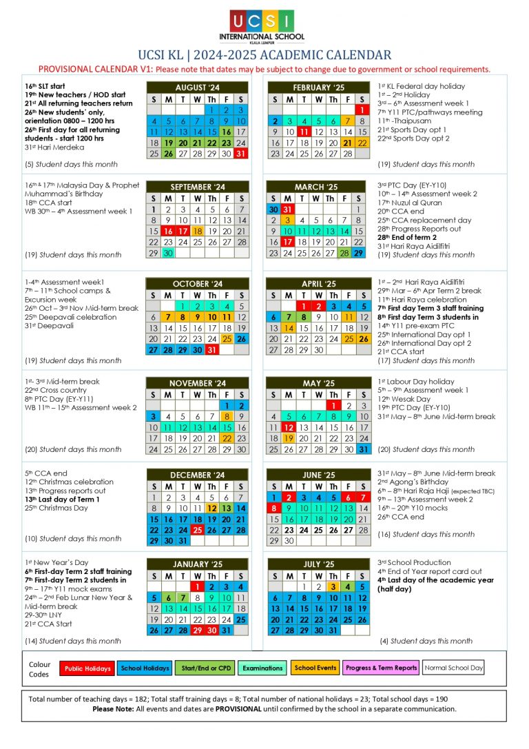Academic Calendar UCSI International School Kuala Lumpur