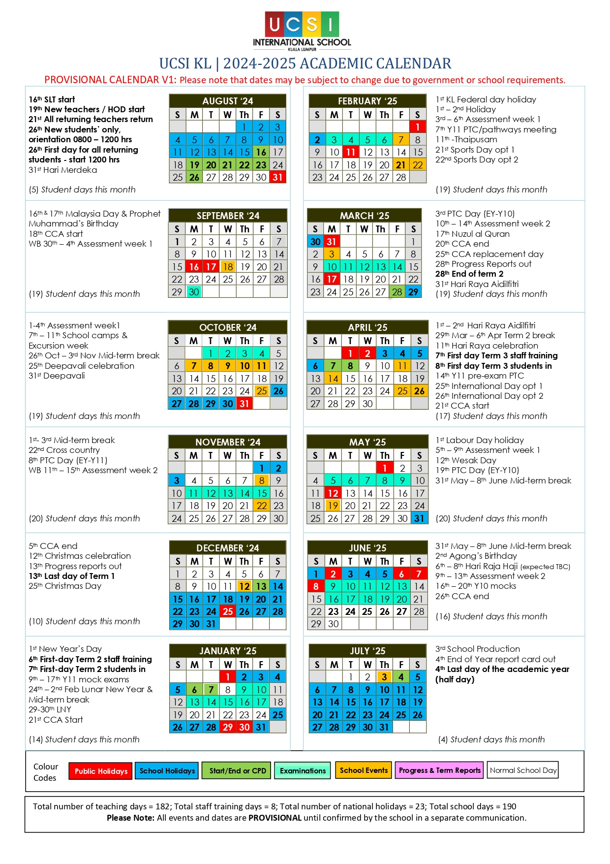 Academic Calendar - UCSI International School Kuala Lumpur