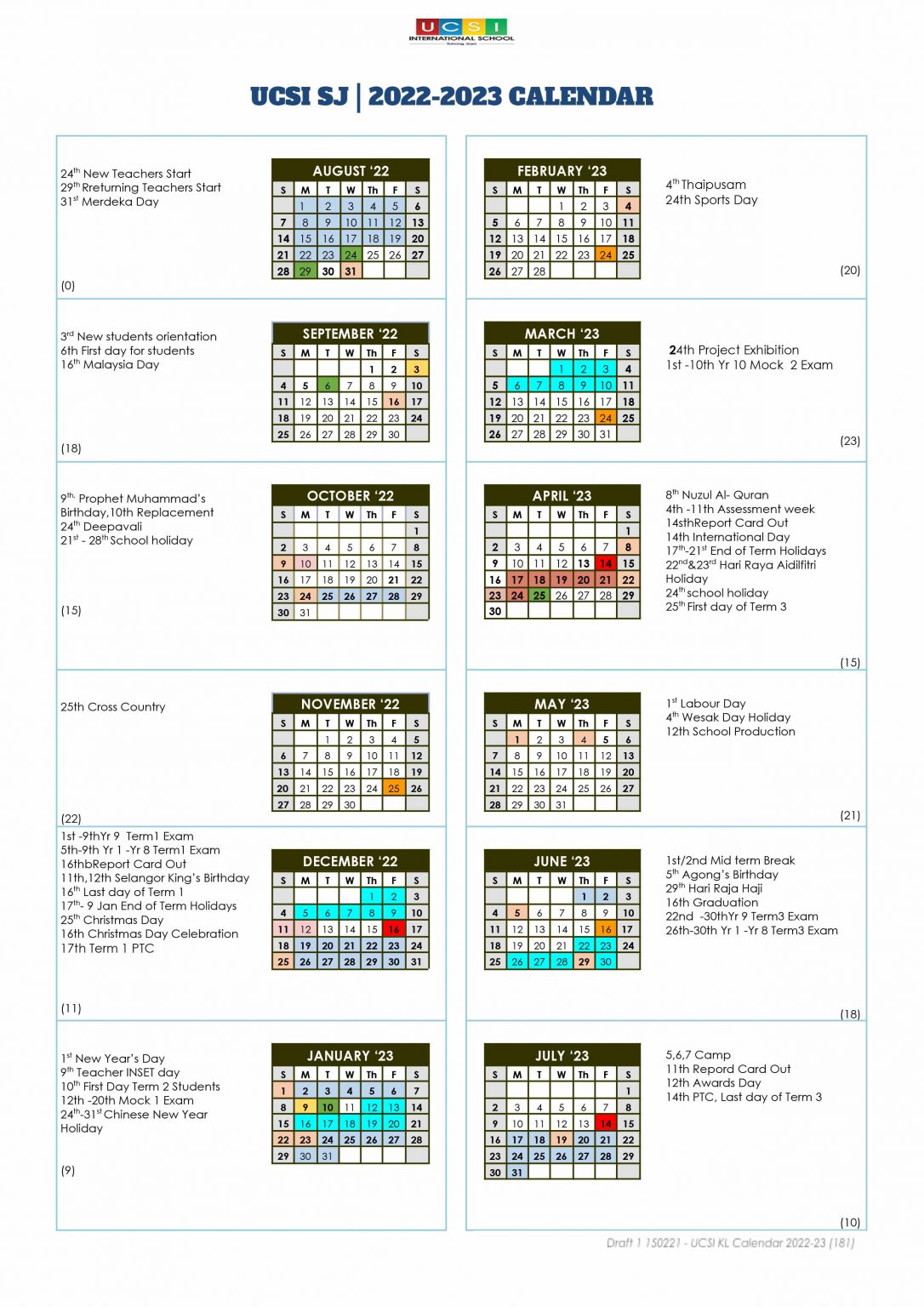 Academic Calendar UCSI International School Subang Jaya