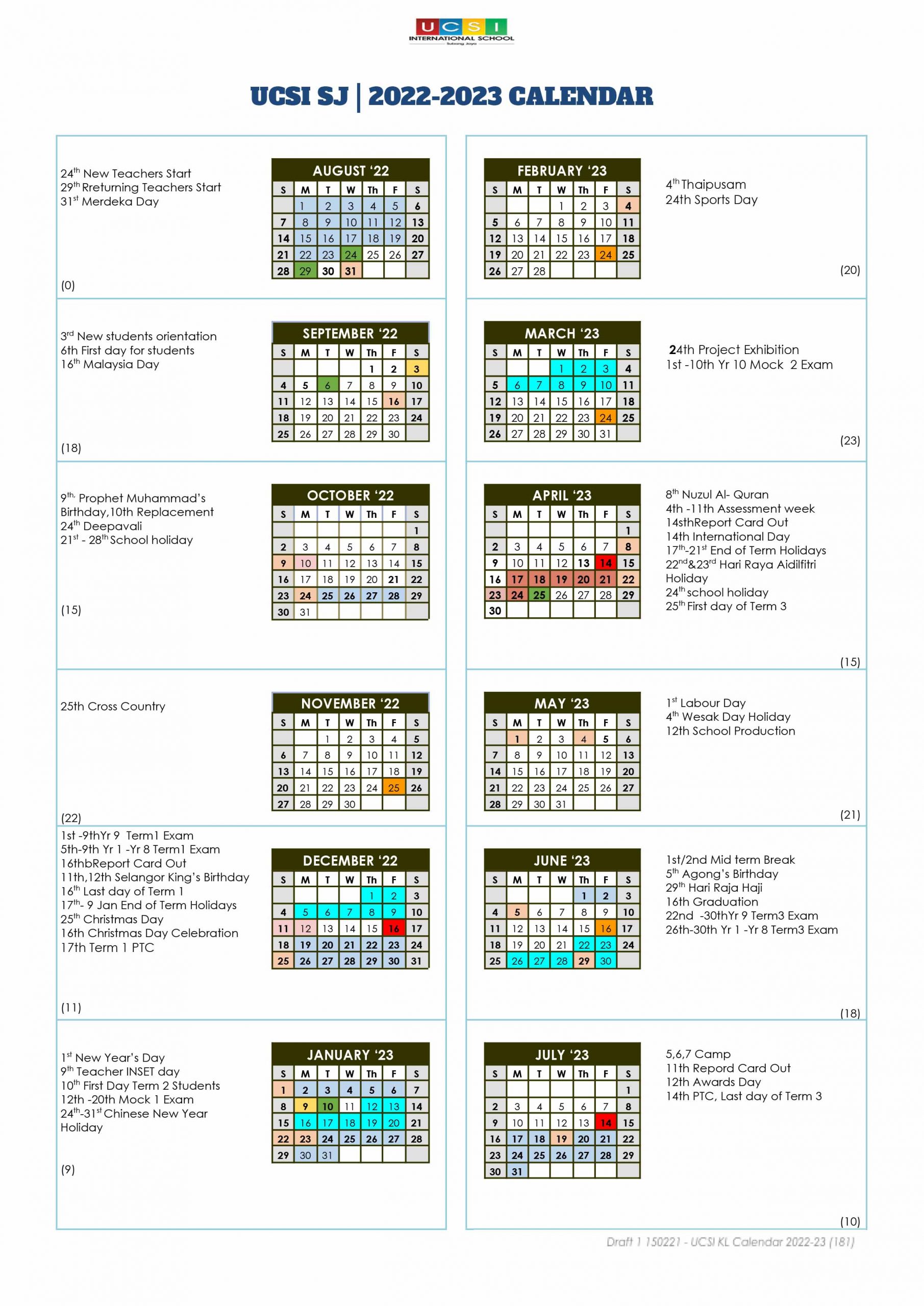 Academic Calendar UCSI International School Subang Jaya