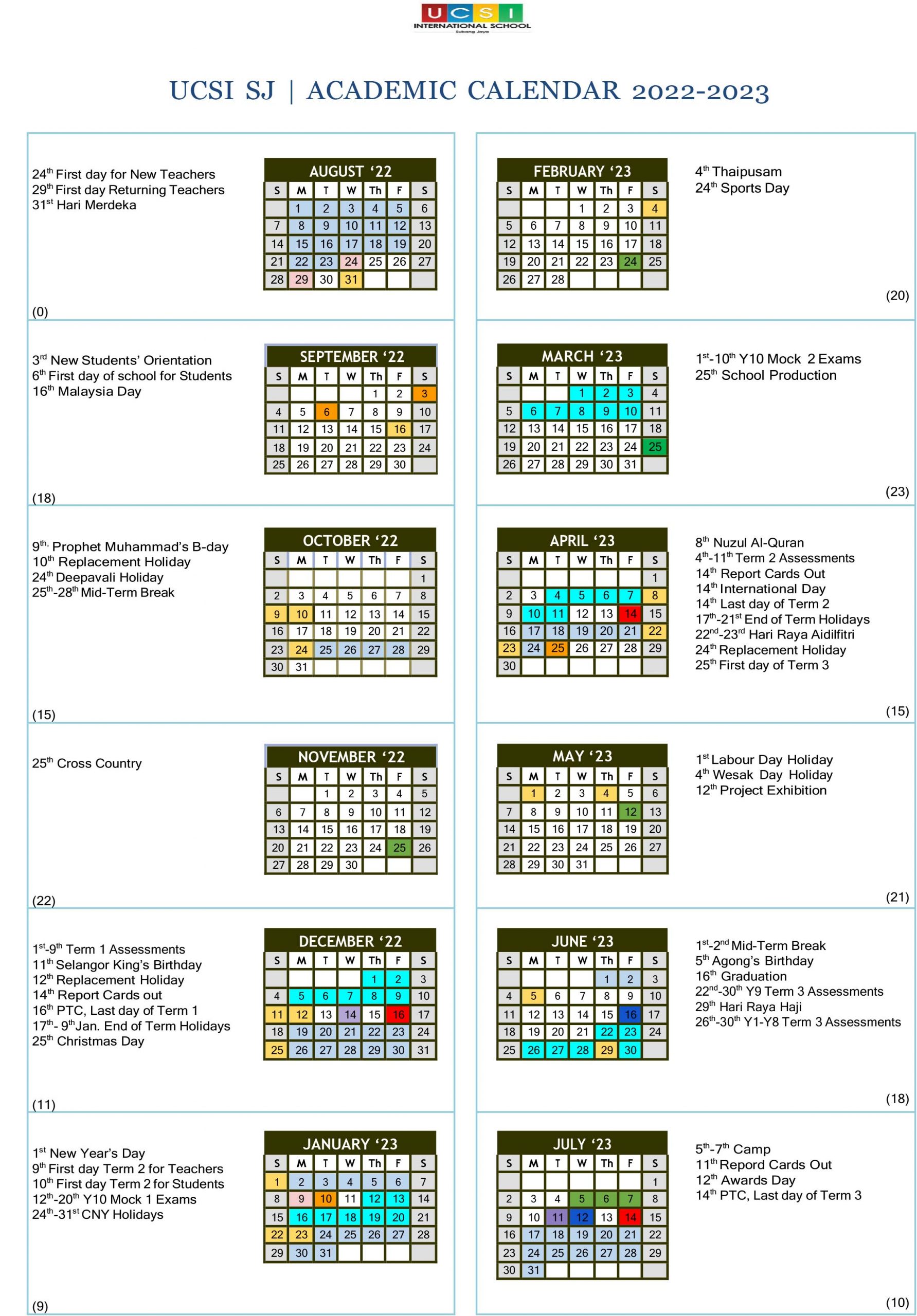Academic Calendar UCSI International School Subang Jaya